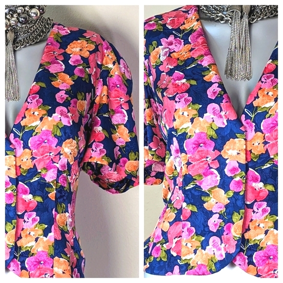 100% Silk Vibrant Bold Floral Print "Papell" Cropped Blouse Blazer - Picture 6 of 15